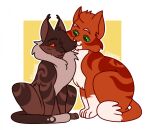 2017 6luestar :3 abstract_background ambiguous/ambiguous ambiguous_gender billystorm_(warriors) brown_body brown_fur canon_couple chest_tuft digital_drawing_(artwork) digital_media_(artwork) domestic_cat duo ear_tuft eyebrows feet felid feline felis female_(lore) feral flat_colors fluffy fur green_eyes leafstar_(warriors) male_(lore) mammal orange_body orange_eyes orange_fur paws quadruped sitting smile striped_body striped_fur stripes tabby_cat tail tuft warriors_(book_series)