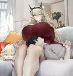  1girl absurdres alternate_costume bare_shoulders barghest_(fate) black_hair blonde_hair breasts command_spell fate/grand_order fate_(series) fujimaru_ritsuka_(male) green_eyes heterochromia highres holding_hands horns huge_breasts lap_pillow long_hair obazzotto red_eyes ribbed_sweater short_hair sitting sweater thighs 