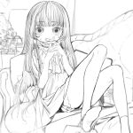  1girl blunt_bangs couch dress greyscale highres kaede_(shijie_heping) long_hair looking_at_viewer monochrome original own_hands_together sitting sketch socks solo 
