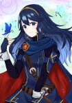  1girl blue_cape blue_eyes blue_gloves blue_hair brand_of_the_exalt bug butterfly butterfly_on_hand cape closed_mouth eyelashes fingerless_gloves fire_emblem fire_emblem_awakening gloves hair_between_eyes highres light_smile long_hair long_sleeves looking_at_viewer lucina_(fire_emblem) otokajife red_cape symbol_in_eye tiara turtleneck two-tone_cape 