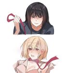  2girls black_hair black_shirt blonde_hair blush bra collar collared_shirt commentary ear_blush grey_shirt hashtag-only_commentary highres holding holding_leash inoue_takina jenjen leash long_hair lycoris_recoil medium_hair multiple_girls nishikigi_chisato open_clothes open_mouth open_shirt parted_lips pink_bra purple_eyes red_eyes shirt simple_background smile sweat underwear white_background yuri 