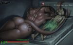 after_sex alien anthro back_muscles bethesda_softworks big_butt breasts butt butt_tattoo deathclaw dialogue duo eisekil fallout female gameplay_mechanics genitals grey_body grey_scales gui guy_tired_after_sex_(meme) health_bar hi_res horn human human_on_anthro humanoid interspecies lying male male/female mammal meme mexico_alien_(meme) muscular muscular_anthro muscular_female on_back on_front on_pillow pillow pussy radiation reptile scales scalie smile tattoo