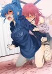  2girls ahegao alternate_costume arm_grab bare_shoulders blue_eyes blue_nails blue_sweater blush choker doggystyle dot_nose female_pervert fishnet_thighhighs fishnets fumihiko_(fu_mihi_ko) grabbing_another&#039;s_arm hair_between_eyes hair_over_shoulder highres hololive hoshimachi_suisei implied_sex long_hair looking_at_another multiple_girls nail nail_polish narrowed_eyes on_bed one_eye_closed open_mouth pervert pink_sweater pleated_skirt ponytail pussy_juice pussy_juice_stain red_hair sakura_miko saliva saliva_drip skirt smile socks star_(symbol) star_choker sweater teeth thighhighs tongue upper_teeth_only wet white_socks yuri 