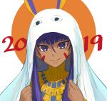  1girl 2019 animal_ears b_suke blush closed_mouth dark-skinned_female dark_skin facial_mark fate/grand_order fate_(series) gold_necklace highres jewelry long_hair looking_at_viewer necklace new_year nitocris_(fate) nitocris_(swimsuit_assassin)_(fate) portrait purple_eyes purple_hair simple_background smile solo 