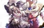  1girl absurdres ascot blonde_hair blurry calpis118 commentary crazy_eyes crazy_smile crystal depth_of_field eyes_visible_through_hair flandre_scarlet floating_hair frilled_shirt_collar frills from_above hair_between_eyes hat hat_ribbon highres looking_at_viewer mob_cap open_mouth red_eyes red_ribbon red_skirt ribbon shirt side_ponytail simple_background skirt smile solo teeth touhou upper_body upturned_eyes white_background white_hat white_shirt wide-eyed wings yellow_ascot 