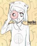  1girl animal_hat bear_hat bonyonyo character_name chromatic_aberration commentary copyright_name donut_hole_(vocaloid) doodles doughnut english_commentary food hair_ornament hairclip hat holding holding_doughnut holding_food kagamine_rin looking_through_doughnut monochrome open_mouth orange_background print_shirt shirt short_hair solo song_name upper_body vocaloid 