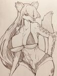  1girl animal_ear_fluff animal_ears animal_nose bikini body_fur commentary denim denim_shorts elza_(ishuzoku_reviewers) furry furry_female hair_over_one_eye highres ishuzoku_reviewers long_hair looking_at_viewer mitsuba-sama_(milkba-ng) monochrome navel open_fly short_shorts shorts snout solo swimsuit tail traditional_media 