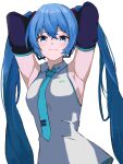  1girl armpits arms_behind_head arms_up blue_eyes blue_hair blush breasts closed_mouth collared_shirt detached_sleeves grey_shirt hatsune_miku headphones highres long_hair looking_at_viewer medium_breasts necktie shirt sideboob simple_background sleeveless sleeveless_shirt smile solo sudzume twintails upper_body vocaloid white_background 