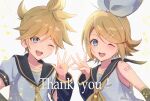  1boy 1girl aiu_eika blonde_hair blue_eyes blush bow_hairband detached_sleeves hair_ornament hairband hairclip kagamine_len kagamine_rin long_sleeves looking_at_viewer necktie one_eye_closed open_mouth ponytail sailor_collar shirt short_hair short_sleeves sleeveless sleeveless_shirt smile thank_you upper_body vocaloid 