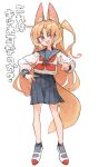  1girl animal_ears blonde_hair blue_sailor_collar blue_skirt blush commentary_request curtained_hair fang fox_ears fox_shadow_puppet fox_tail full_body grey_socks hand_on_own_hip highres kasa_(hitori_sanka) long_hair long_sleeves looking_at_viewer neckerchief one_side_up open_mouth original pleated_skirt red_neckerchief sailor_collar school_uniform serafuku shoes simple_background skirt smile socks solo tail thick_eyebrows translation_request uwabaki v-shaped_eyebrows white_background yellow_eyes 
