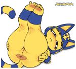 animal_crossing ankha_(animal_crossing) anthro anus armwear big_anus big_butt black_eyes blue_ears blue_hair blush bored bored_expression butt cat_tail claws clothing colored_sketch domestic_cat egyptian eyebrows eyelashes felid feline felis female finger_claws fur genitals hair half-closed_eyes half_naked hi_res humanoid_hands kekuronoa legwear looking_at_viewer lying makeup mammal markings mascara mouth_closed narrowed_eyes nintendo nude on_back pawpads paws presenting presenting_anus presenting_hindquarters presenting_pussy pussy raised_leg ring_(marking) ringed_tail short_hair short_stack simple_background sketch solo spread_anus spread_butt spreading striped_markings striped_tail stripes tail tail_markings thick_thighs toe_claws wide_hips yellow_body yellow_fur yellow_inner_ear