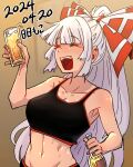  1girl absurdres alcohol blush bottle bow closed_eyes commentary cup dated drunk fujiwara_no_mokou hair_bow highres holding holding_bottle holding_cup long_hair navel neophyte nose_blush open_mouth ponytail smile solo sports_bra touhou very_long_hair white_hair 