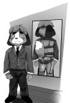animal_crossing anthro blazer canid canine canis clothing digby_(animal_crossing) domestic_dog hi_res lingerie looking_at_viewer male mammal meme mirror monochrome nintendo shih_tzu smile solo thael toy_dog uniform