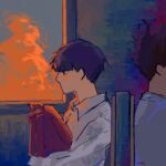  2boys bag black_hair cloud collared_shirt golden_hour hannnn highres kageyama_shigeo mob_psycho_100 multiple_boys red_hair shirt suzuki_shou 