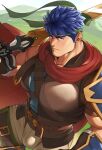  1boy bara belt blue_hair brown_belt brown_pants bulge cape closed_mouth fire_emblem fire_emblem:_path_of_radiance green_headband headband highres holding holding_sword holding_weapon ike_(fire_emblem) large_pectorals looking_at_viewer male_focus muscular muscular_male pants pectorals red_cape ruisselait short_hair solo sword weapon 