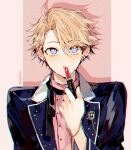  1boy ahoge aiguillette androgynous applying_makeup black_ribbon blonde_hair blue_eyes blue_jacket brooch collared_shirt commentary_request cosmetics ensemble_stars! holding holding_lipstick_tube jacket jewelry korean_commentary lapels lipstick lipstick_tube looking_at_viewer makeup male_focus narukami_arashi neck_ribbon open_clothes open_jacket open_mouth parted_hair pink_background pink_shirt ribbon sapphire_(nine) shirt solo two-tone_background upper_body white_background white_trim wing_collar 