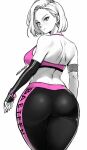  1girl android_18 ass back dragon_ball dragon_ball_z expressionless highres looking_at_viewer looking_back medium_hair miss_faves skin_tight solo spot_color 