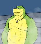 2024 alligator alligatorid anthro belly biped brok_(brok_the_investigator) brok_the_investigator cowcat_games crocodilian eyes_closed green_body hi_res male musclegut muscular obenpanda reptile scalie sitting solo steam