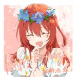  1girl :d ^_^ blue_flower bocchi_the_rock! closed_eyes clothing_cutout dated facing_viewer floral_print flower flower_wreath happy_birthday head_wreath highres kanaria_hisagi kita_ikuyo long_hair one_side_up open_mouth outside_border red_hair shirt short_sleeves shoulder_cutout smile solo upper_body white_shirt 