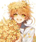  1girl antenna_hair bouquet collared_shirt emma_(yakusoku_no_neverland) flower green_eyes head_wreath holding holding_bouquet long_sleeves looking_at_viewer open_mouth orange_hair sapphire_(nine) shirt simple_background smile solo white_background white_shirt yakusoku_no_neverland yellow_flower 