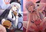  1girl absurdres bikini black_hat black_necktie black_tail black_wings blue_archive braid breasts cleavage closed_mouth collared_shirt condom condom_in_mouth food grey_hair halo haruna_(blue_archive) heart heart-shaped_pupils highres holding holding_food kurosteel_ds large_breasts long_hair long_sleeves mouth_hold navel necktie open_mouth red_eyes red_halo shirt single_wing sitting slit_pupils squatting swimsuit symbol-shaped_pupils tail thighhighs used_condom white_bikini white_shirt white_thighhighs wings 