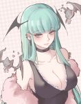  1girl absurdres bat_(animal) breasts cleavage collar collarbone fur_trim green_eyes green_hair head_wings heart highres looking_at_viewer morrigan_aensland pink_background shinibun smile solo twitter_username upper_body vampire_(game) wings 