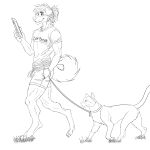 anthro bottomwear canid canine canis cellphone clothing collar deerwalker digitigrade domestic_cat domestic_dog electronics felid feline felis feral grass hair hi_res kittensnark lead leash line_art male mammal phone plant ponytail shirt shorts simple_background smile t-shirt topwear walking