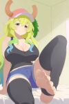  1girl baseball_cap black_tank_top blonde_hair blush breasts cleavage denim denim_shorts dragon_girl dragon_horns feet foot_focus foreshortening gradient_hair green_hair hat heterochromia horns horns_through_headwear kobayashi-san_chi_no_maidragon long_hair looking_at_viewer lucoa_(maidragon) multicolored_hair pink_hat shorts sitting smile soles solo tank_top thighhighs toes unusually_open_eyes yellow_pupils zorzero 