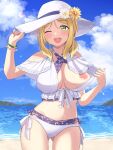  1girl bare_shoulders bikini blonde_hair blue_sky bra breasts cloud green_eyes hat hat_ornament highres large_breasts layered_bikini looking_at_viewer love_live! love_live!_sunshine!! mobukichi mountainous_horizon navel nipples ocean ohara_mari one_eye_closed open_bikini open_clothes open_mouth outdoors sky smile solo sun_hat swimsuit underwear white_bikini 