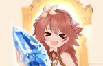 &gt;_&lt; 1girl blue_archive braid crystal fenie_(granblue_fantasy) flower_ornament granblue_fantasy hairband highres jewelry kohara_konomi open_mouth red_hair seal_juice solo voice_actor_connection 