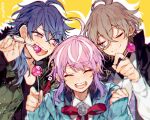  3boys ahoge amemura_ramuda arisugawa_dice black_shirt blue_hair blue_jacket brown_hair closed_eyes closed_mouth fling_posse gradient_hair green_eyes green_vest hand_up hood hood_down hooded_jacket hypnosis_mic jacket looking_at_another looking_to_the_side multicolored_hair multiple_boys neck_ribbon one_eye_closed open_mouth pink_hair pink_ribbon purple_eyes purple_hair ribbon sapphire_(nine) shirt simple_background smile streaked_hair vest white_shirt yellow_background yumeno_gentaro 