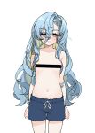  1girl 37_(reverse:1999) aqua_eyes arms_at_sides bar_censor blue_hair blush censored collarbone hair_between_eyes heart highres kkoma korean_commentary light_smile long_hair looking_at_viewer male_swimwear_challenge navel parted_lips reverse:1999 simple_background solo very_long_hair white_background 