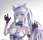  1girl ahoge animal_ear_fluff animal_ears bad_hands bare_shoulders blue_eyes breasts cat_ears chinese_commentary claw_pose cleavage commentary_request detached_collar detached_sleeves dress gradient_background grey_background hands_up highres honkai_(series) honkai_impact_3rd kiana_kaslana large_breasts long_hair ponytail short_sleeves smile solo strapless strapless_dress upper_body very_long_hair white_dress white_hair xiaoba_(782286949) 