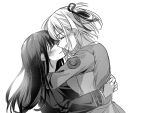  2girls arm_around_neck blush closed_eyes greyscale hair_ribbon hand_on_another&#039;s_back highres hug inoue_takina jenjen long_hair long_sleeves lycoris_recoil lycoris_uniform medium_hair monochrome multiple_girls nishikigi_chisato one_side_up parted_lips ribbon smile upper_body yuri 