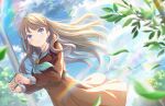  1girl aqua_neckerchief blue_sky breasts brown_dress brown_hair cellphone closed_mouth cloud dress dutch_angle falling_leaves floating_clothes floating_hair fujishima_megumi game_cg hasu_no_sora_school_uniform highres holding holding_phone lamppost large_breasts leaf lens_flare link!_like!_love_live! long_hair long_sleeves looking_to_the_side love_live! medium_dress neckerchief official_art phone pleated_dress purple_eyes sailor_collar sailor_dress school_uniform sky smartphone smile solo third-party_source tree two_side_up virtual_youtuber white_sailor_collar winter_uniform 