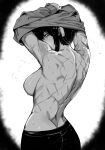  absurdres black_hair black_pants blush breasts clothes_lift hairband highres lifted_by_self looking_at_viewer masoq monochrome multiple_scars no_bra pants scar sideboob spy_x_family sweatdrop sweater vignetting yor_briar 