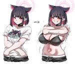  1girl absurdres animal_ears arrow_(symbol) black_bra black_choker black_hair blue_archive bra breasts cat_ears choker cleavage closed_mouth clothes_lift colored_inner_hair grin hair_ornament hairclip halo highres kazusa_(band)_(blue_archive) kazusa_(blue_archive) large_breasts lifted_by_self looking_at_viewer mask_pull multicolored_hair multiple_views navel pink_hair red_eyes shirt shirt_lift short_hair short_sleeves simple_background smile t-shirt underwear white_background white_shirt woo_(woosan) 