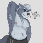 1:1 anthro armpit_hair body_hair canid canine canis english_text fur grey_body grey_fur hi_res looking_at_viewer male mammal naaidden nintendo nipples red_eyes simple_background solo star_fox text wolf wolf_o&#039;donnell