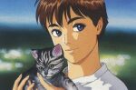  1990s_(style) 1girl artist_request blue_eyes blurry blurry_background carrying cat izumi_noa key_visual kidou_keisatsu_patlabor official_art pet promotional_art red_hair retro_artstyle scan short_hair traditional_media 