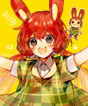  1girl animal_crossing arms_up bunnie_(animal_crossing) collared_shirt dress long_hair low_twintails open_mouth personification plaid plaid_dress puffy_short_sleeves puffy_sleeves rabbit_girl red_hair sapphire_(nine) shirt short_sleeves simple_background smile solo twintails very_long_hair white_shirt yellow_background 