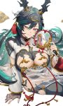  1girl black_hair breasts colored_inner_hair dragon_horns draph gloves gradient_eyes granblue_fantasy green_hair hand_fan highres holding holding_fan horns large_breasts long_hair mole mole_under_mouth multicolored_eyes multicolored_hair partially_fingerless_gloves payila_(granblue_fantasy) pointy_ears see-through shinoho signature smile very_long_hair white_background 