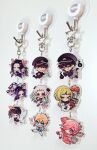  5boys 5girls :q acrylic_stand black_hair butterfly_hair_ornament charm_(object) chibi closed_mouth demon_slayer_uniform hair_ornament hanako_(jibaku_shounen_hanako-kun) hyuuga_natsuhiko jibaku_shounen_hanako-kun kimetsu_no_yaiba kochou_kanae kochou_shinobu long_hair looking_at_viewer minamoto_kou mitsuba_sousuke mokke_(jibaku_shounen_hanako-kun) multiple_boys multiple_girls nanamine_sakura open_mouth parted_bangs photo_(medium) pink_background pink_eyes pink_hair purple_eyes purple_hair rabbit sapphire_(nine) scarf sidelocks simple_background smile striped_clothes striped_scarf tongue tongue_out tsuyuri_kanao very_long_hair white_background white_hair yashiro_nene yellow_eyes yugi_tsukasa 