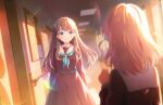  2girls aqua_neckerchief arms_at_sides blurry blurry_background blurry_foreground breasts brown_dress brown_hair bulletin_board closed_mouth dress dutch_angle facing_another facing_away fujishima_megumi game_cg hair_ornament hallway hasu_no_sora_school_uniform highres hinoshita_kaho in-universe_location indoors large_breasts lens_flare link!_like!_love_live! long_hair long_sleeves looking_at_another love_live! medium_hair multiple_girls neckerchief official_art orange_hair pleated_dress purple_eyes rabbit_hair_ornament red_neckerchief sailor_collar sailor_dress school_uniform smile solo_focus third-party_source two_side_up virtual_youtuber white_sailor_collar window winter_uniform 