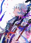  1boy falling_petals fate/grand_order fate_(series) flower_knot highres holding holding_staff looking_at_viewer male_focus merlin_(fate) parted_lips petals purple_eyes robe sangzhujun simple_background solo staff upper_body white_background white_hair white_robe 