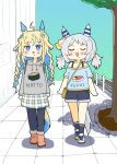  2girls ahoge alternate_costume alternate_hairstyle animal_ears ashitaba_tomorou blonde_hair blue_eyes casual closed_eyes collarbone food grey_hair hair_ornament hishi_miracle_(umamusume) horse_ears horse_girl horse_tail long_braid long_hair medium_hair multicolored_hair multiple_girls neo_universe_(umamusume) pants shorts simple_background skirt sweat tail two-tone_hair umamusume 