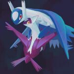  arms_on_another&#039;s_shoulder blue_wings dark_background from_behind full_body highres keruasu0629 latias latios looking_at_viewer looking_back midair no_humans pokemon pokemon_(creature) red_eyes red_wings wings yellow_eyes 