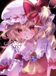  1girl ascot blonde_hair blush bow brooch commentary_request flandre_scarlet hat hat_bow highres jewelry looking_at_viewer mob_cap one_side_up open_mouth pointy_ears puffy_short_sleeves puffy_sleeves purple_brooch rakugakiman2222 red_bow red_eyes red_vest short_sleeves side_ponytail sleeve_bow slit_pupils solo touhou vest white_hat wrist_cuffs yellow_ascot 