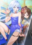  2girls :d alternate_costume bare_arms bare_legs bare_shoulders blue_dress blue_eyes blue_hair brown_hair chiori_(genshin_impact) commentary_request dress furina_(genshin_impact) garter_straps genshin_impact grey_kimono hand_up highres japanese_clothes kimono long_hair multiple_girls open_mouth pelvic_curtain popo_(mochimai275642) revision side_ponytail sitting smile strapless strapless_dress thigh_strap thighs very_long_hair wrist_cuffs 