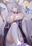  1girl absurdres animal_ear_fluff animal_ears azur_lane bare_shoulders breasts bug butterfly cleavage cotatubo eyeshadow fox_ears fox_girl fox_tail hair_ornament highres huge_breasts japanese_clothes long_hair looking_at_viewer makeup miniskirt moon multiple_tails pleated_skirt pointy_ears shinano_(azur_lane) sitting skirt solo tail thighhighs very_long_hair white_hair white_skirt white_thighhighs 