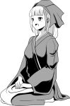  1girl agedashi_doufu_mk23 greyscale highres long_hair looking_to_the_side monochrome open_mouth original own_hands_together seiza simple_background sitting solo three_quarter_view 